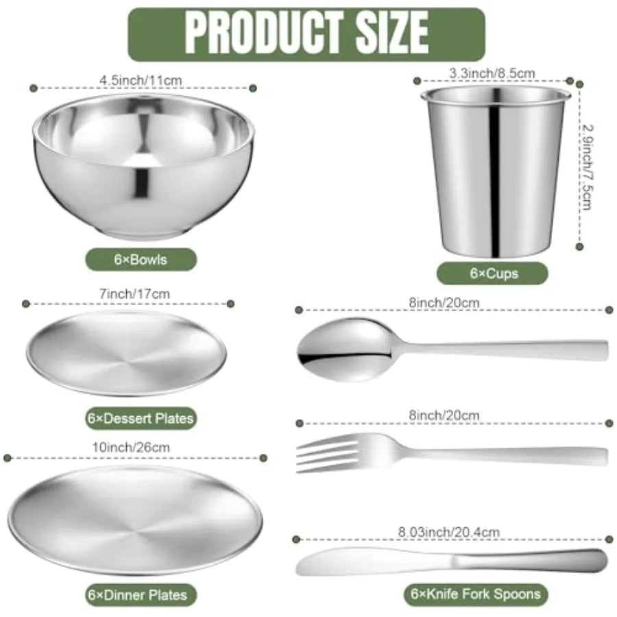 42 Pcs 304 Stainless Steel Dinnerware Set 10 Inch 7 Inch Plates Bowls Cups Forks Spoons Knives Reusable Metal Camping Outdoor P