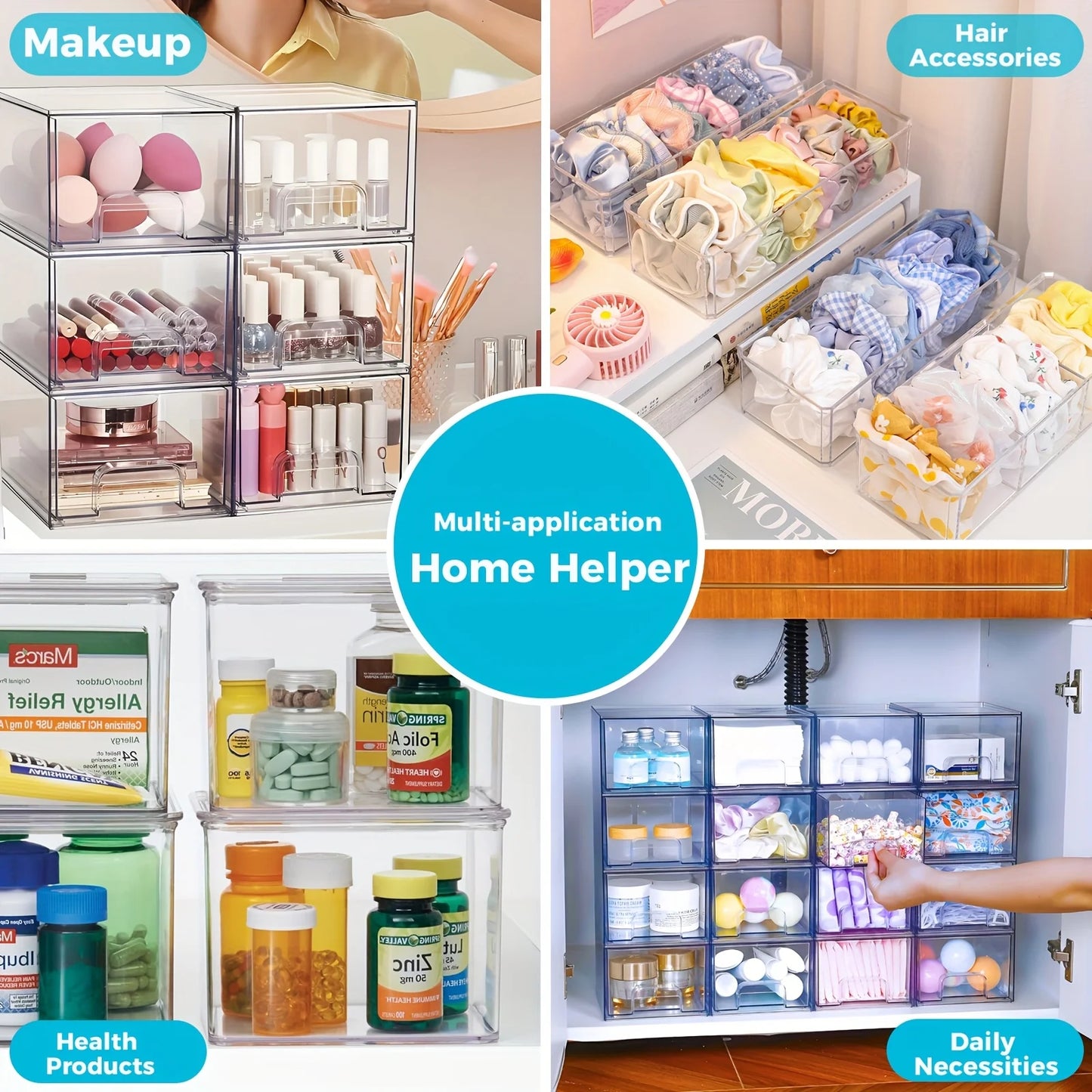 Bathroom Organizers And Storage - Pack Plastic Stackable Storage Drawers/Bins For The Vanity, Under The Sink, Countertop, Kitchen, And Laundry Room. Handy Tool Organizers And Storage For Girls And Women.