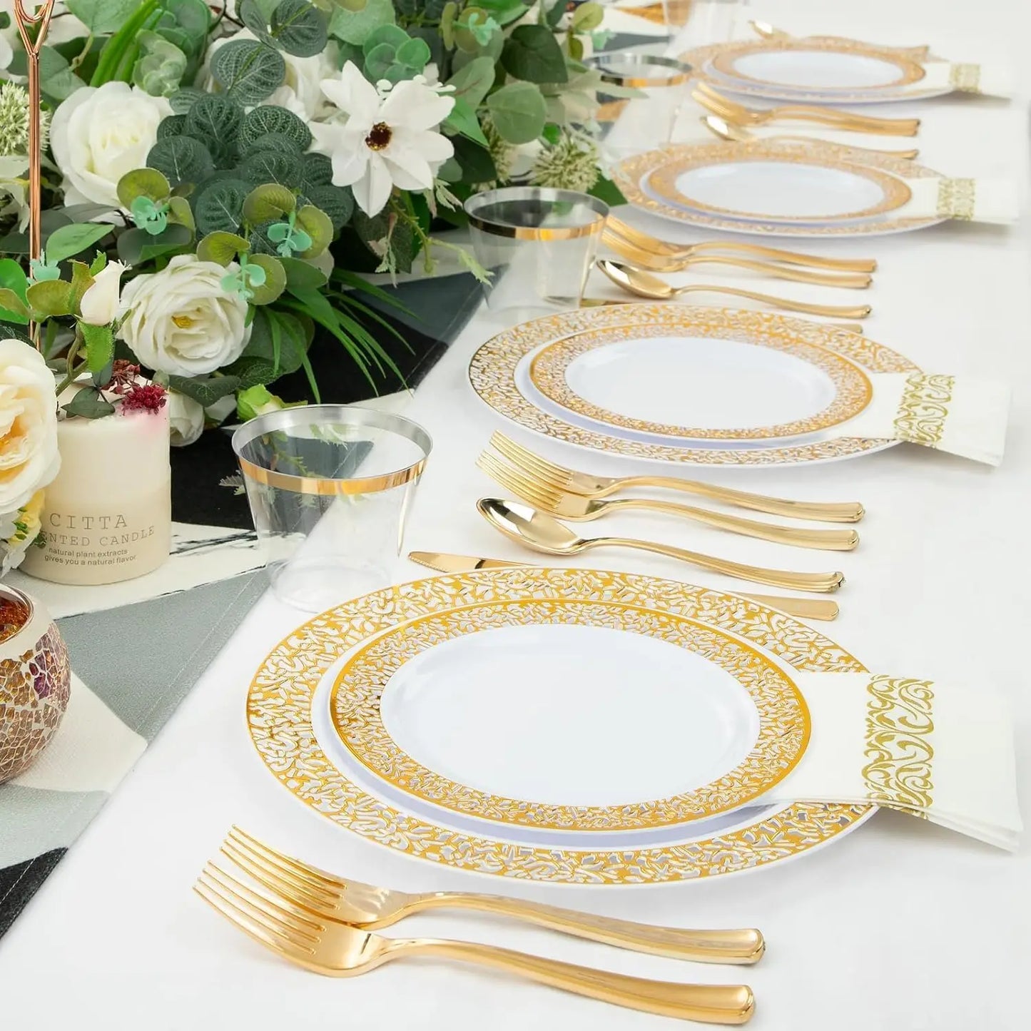 210Pcs Gold Plastic Dinnerware Set - Disposable Silverware, Cups, Plates for Party & Wedding
