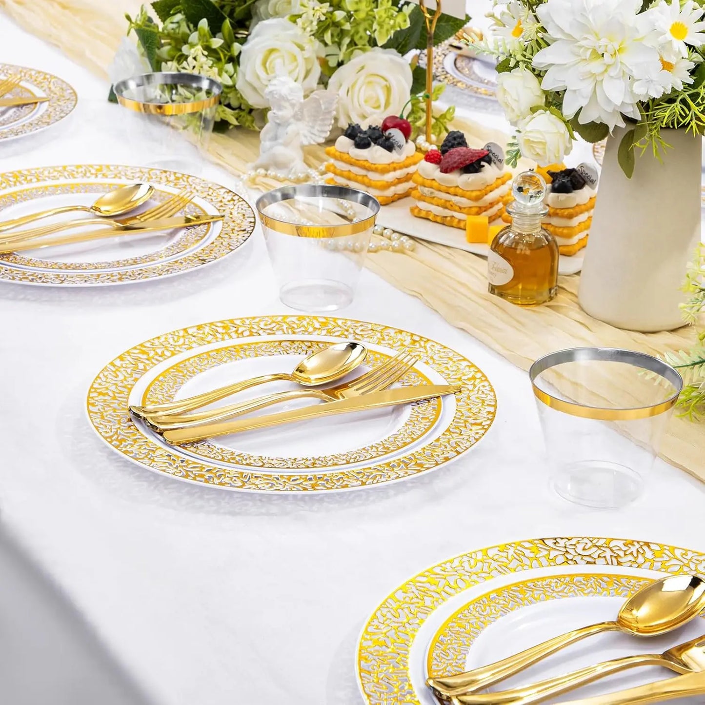 210Pcs Gold Plastic Dinnerware Set - Disposable Silverware, Cups, Plates for Party & Wedding