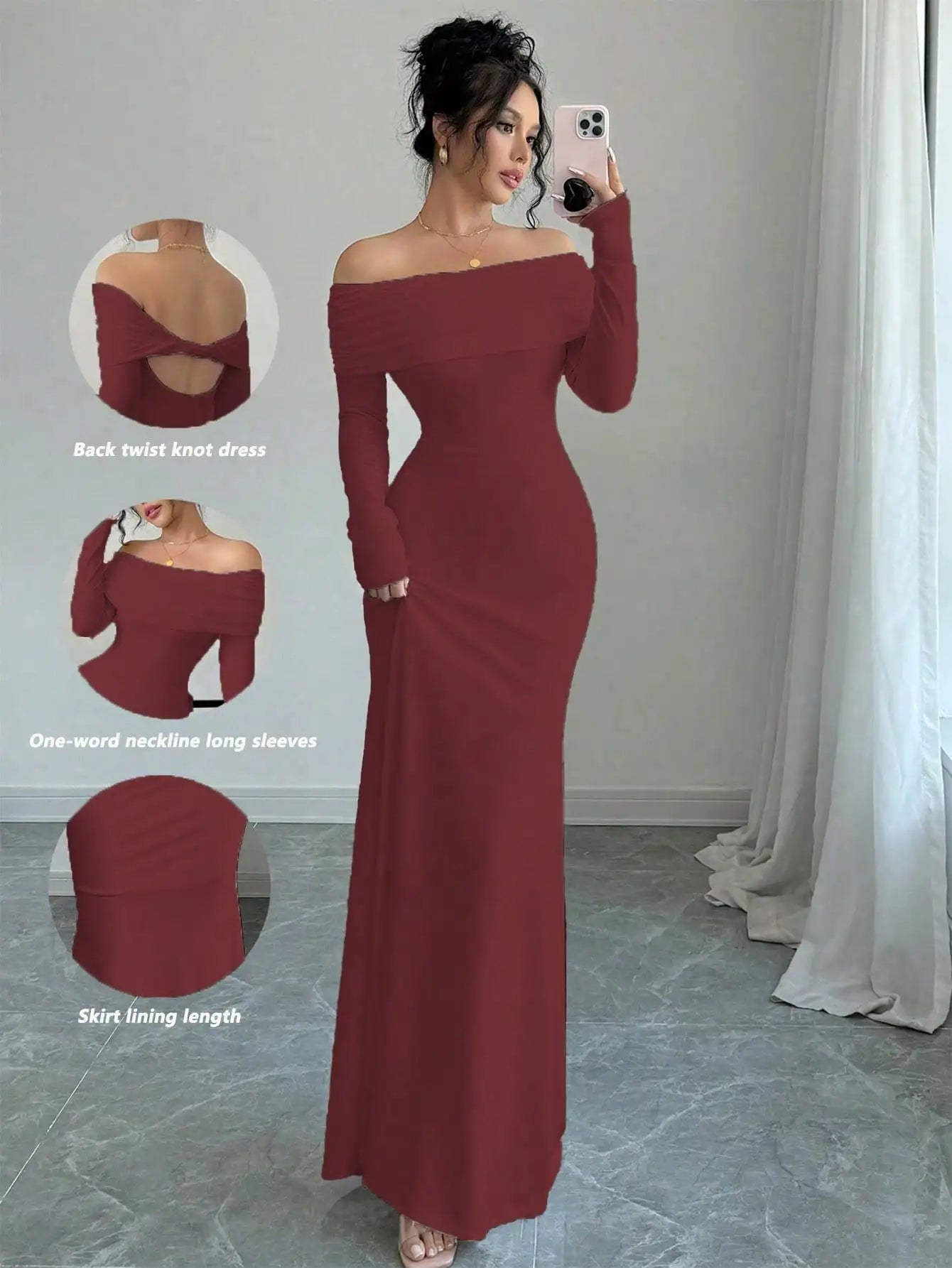 White Off-Shoulder Long Sleeve Maxi Dress with Back Twist Knot, Fitted Silhouette for Evening Events