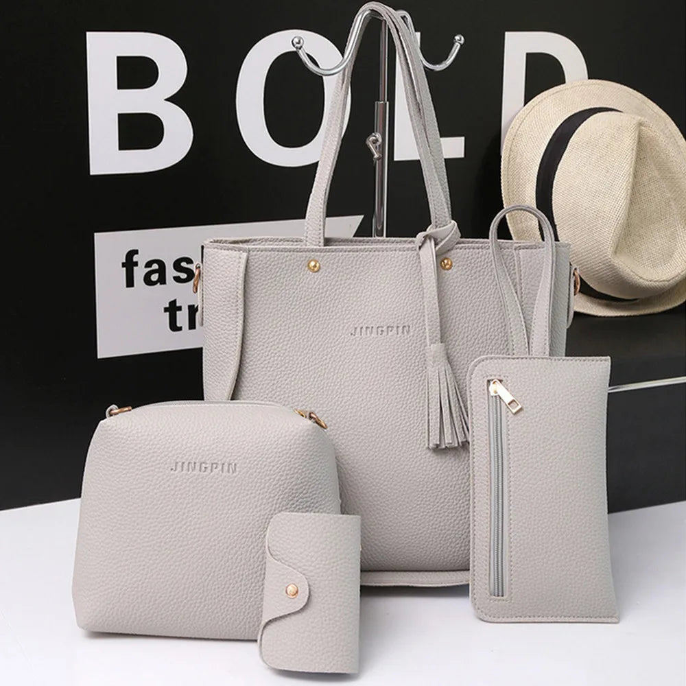 New 2024 New Large Capacity Lychee Pattern Handbags Women'S European And American Retro Fashion Tassel Four-Piece Women'S Bag