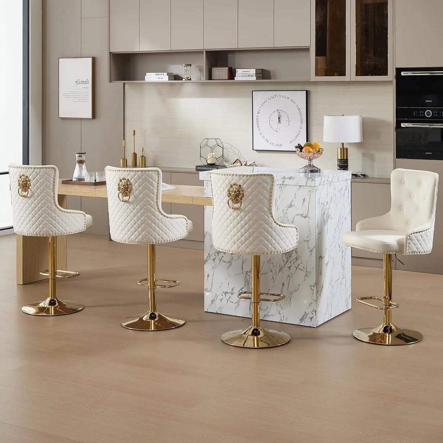 Gold Bar Stools Set of 4, Height Adjustable Velvet Island Chairs Upholstered Bar Height Chairs for Kitchen Counter, Cream