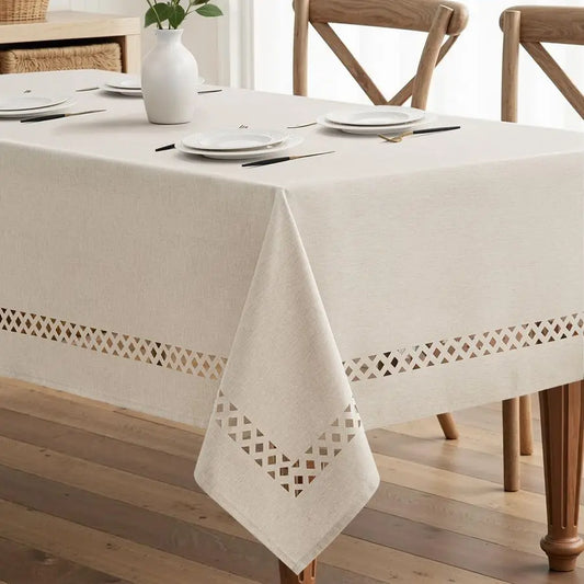 Beige Rectangle Linen Polyester Tablecloth with Decorative Cutouts Spring Waterproof Stain Resistant amp ShrinkProof Table Cloth
