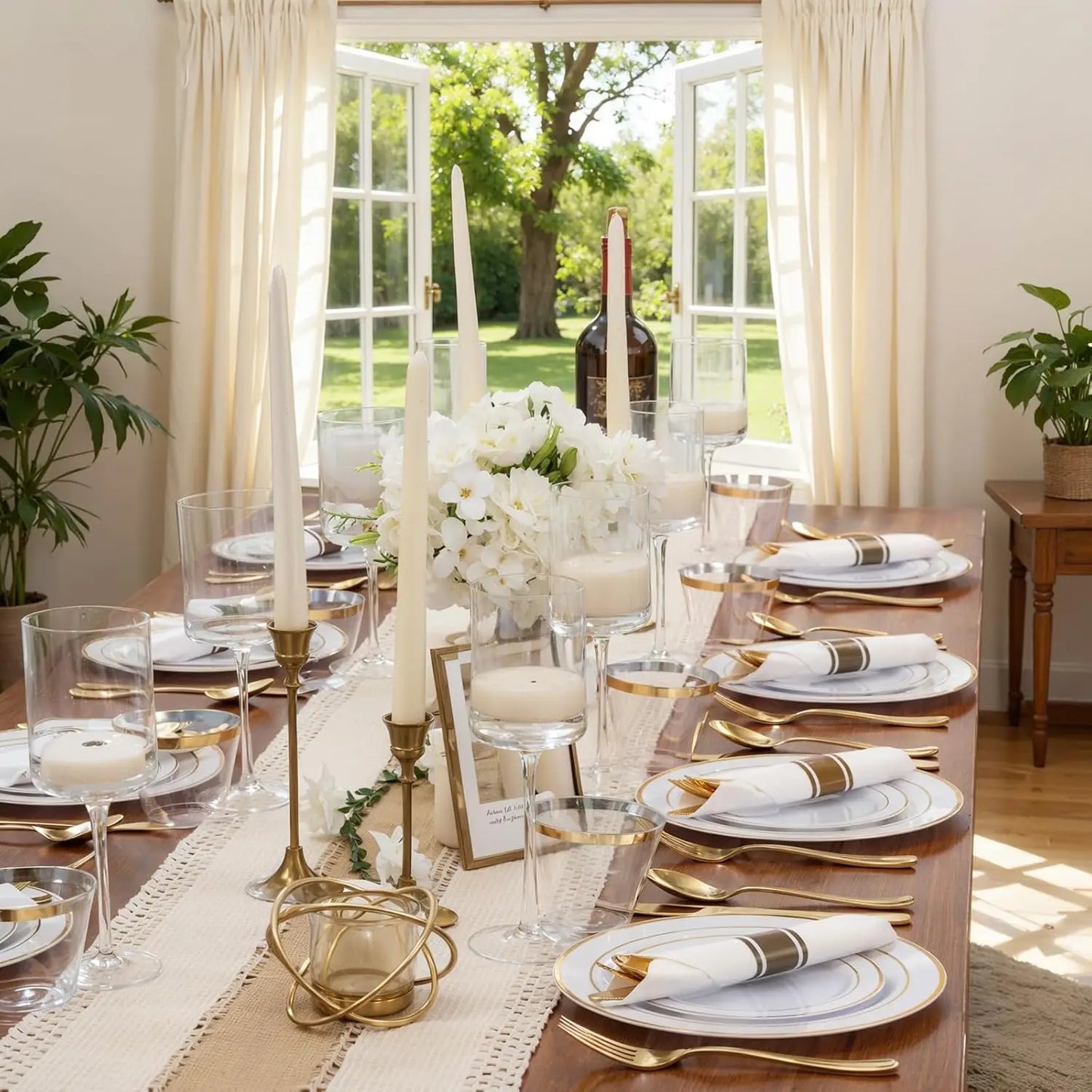 350Piece Gold Dinnerware Set for 50 Guests - Gold Plastic Plates with Disposable Cutlery Include:50Dinner Plates-50Dessert Plate