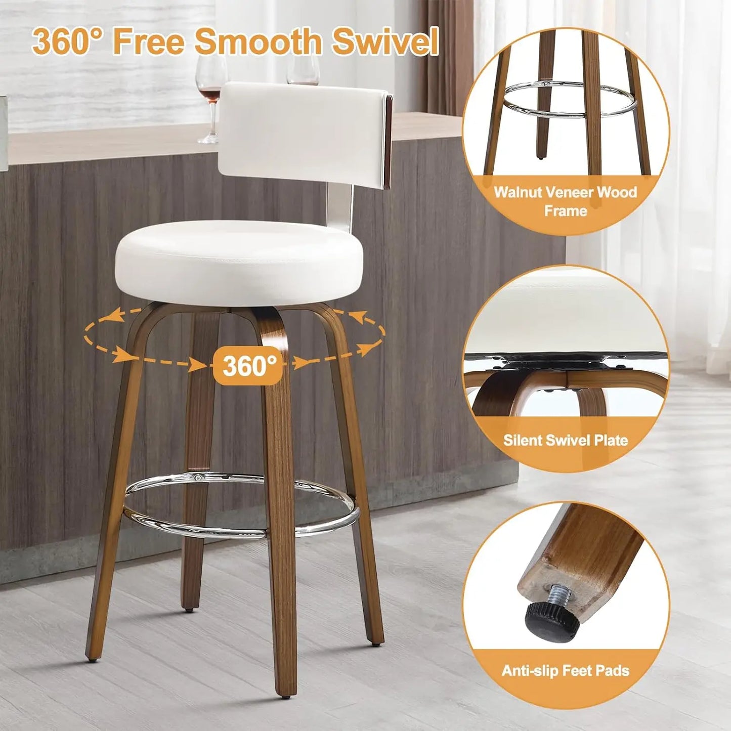 Swivel Counter Height Bar Stools Set of 4, Faux Leather Kitchen Stools Upholstered Barstools with Back, Walnut Wood, Customized