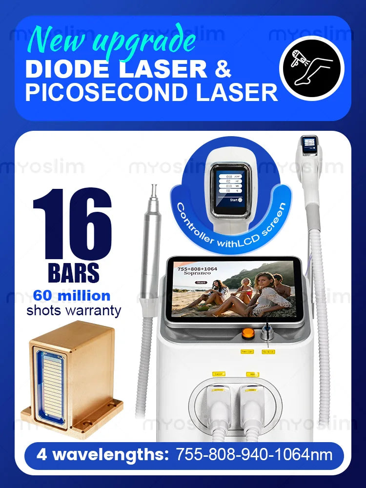 FAC 5000W 16Bars Diode Laser Hair Removal & Pico Laser Tattoo Removal 2-in-1 Machine 755 808 940 1064nm