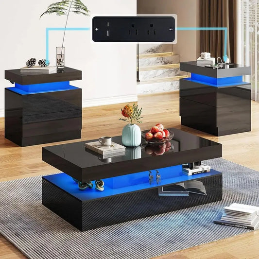 Modern 3-Piece Glossy Living Room Table Set: LED Coffee Table & 2 Charging Nightstands, Black