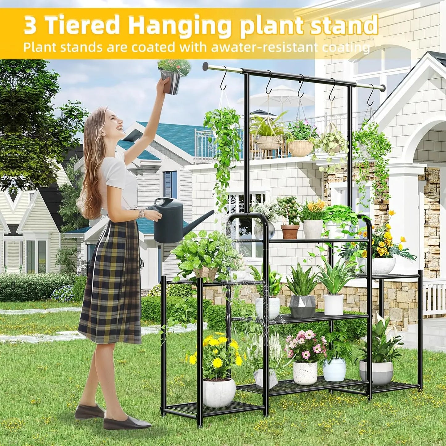3-Tier Metal Plant Stand Indoor Outdoor, Expandable Hanging Shelf for Multiple Flower Pots, Heavy Duty Ladder Holder in Black
