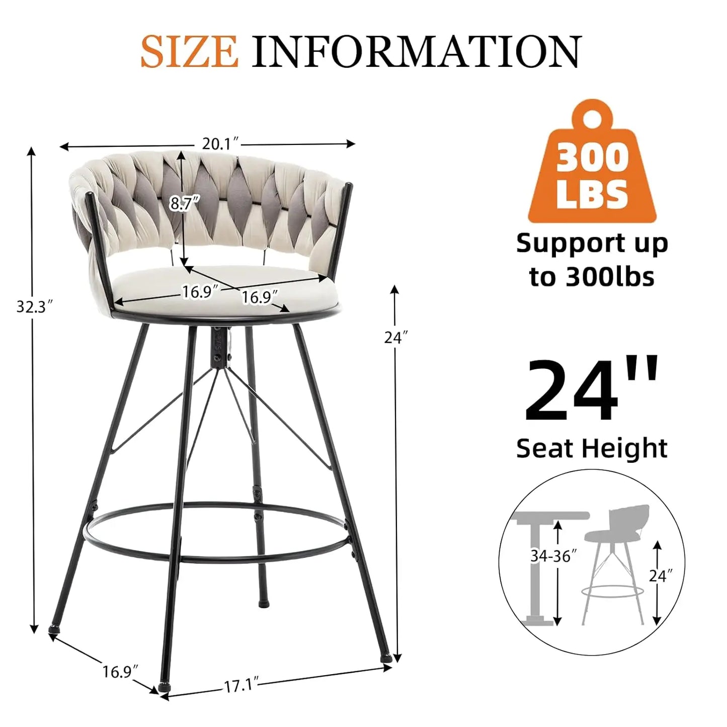 24" Counter Velvet Barstool Woven Back Kitchen Cafe Set 4, Customized