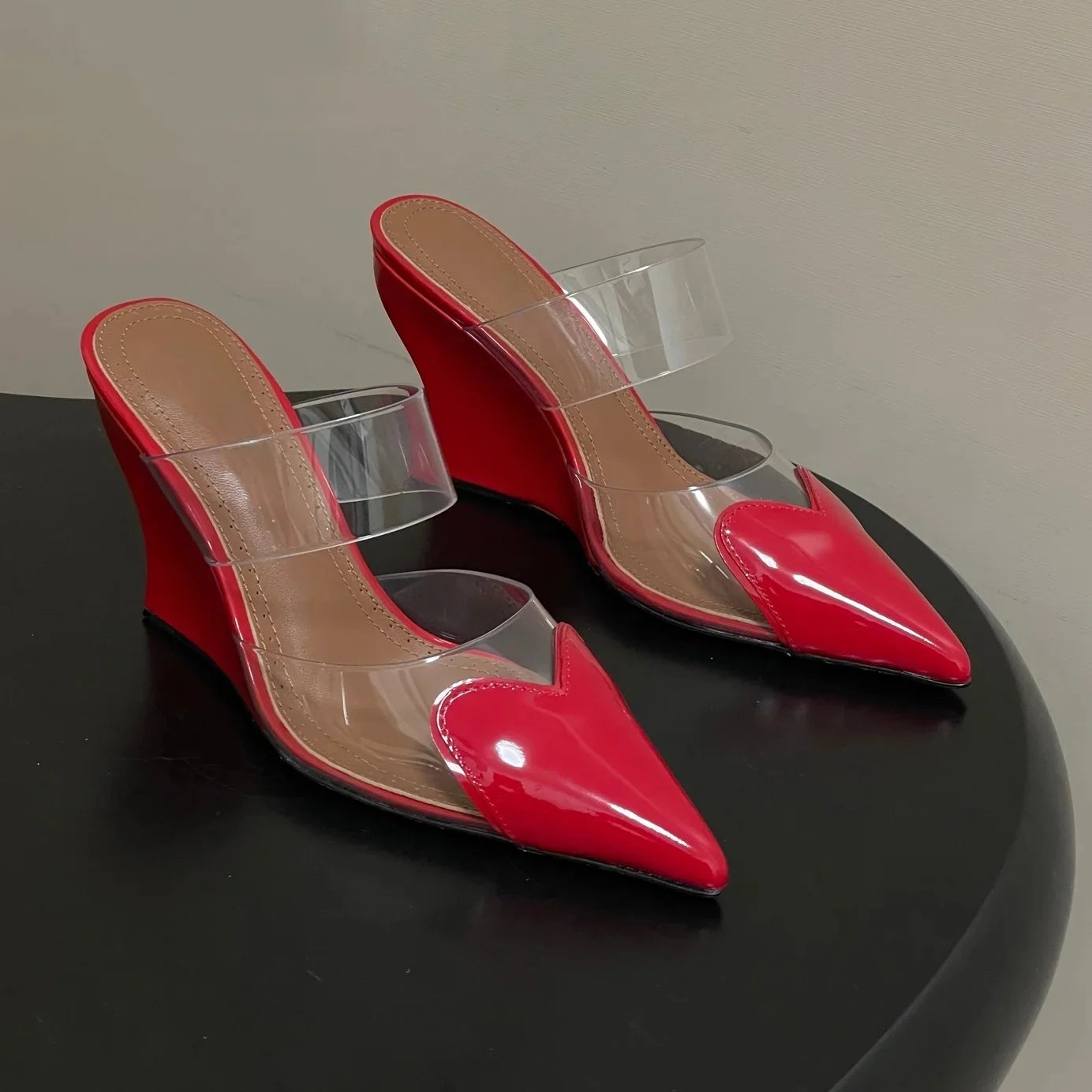 Newest Spring Summer Women's High Heel Slippers Genuine Leather Pointed-Toe Wedge Heel Slip-On Sandals Chic Style Bota Feminina