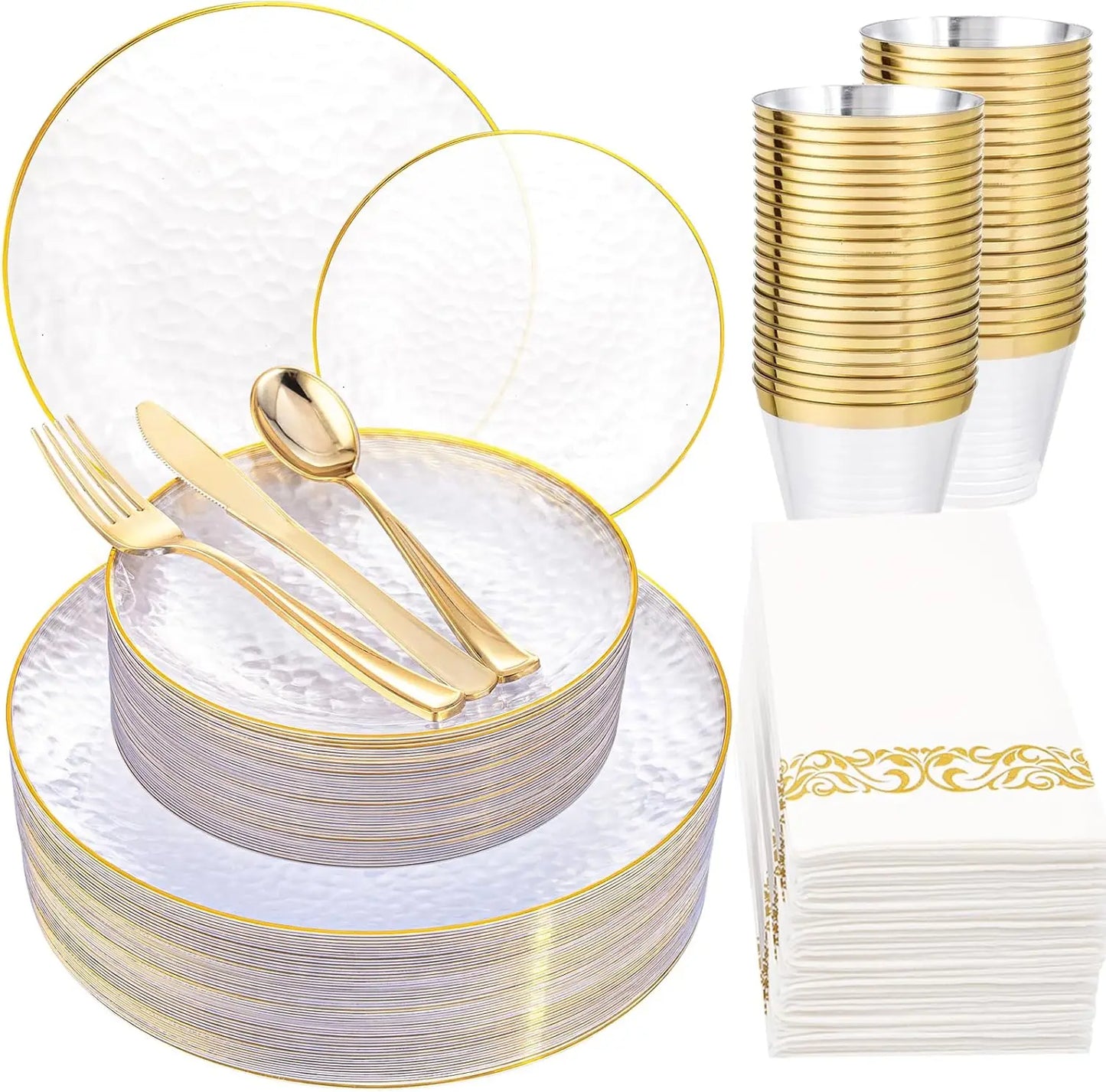 175 Pcs Clear Gold Plastic Dinnerware Set for 25 Guests, Hammered Party Plates with Cutlery and Napkins