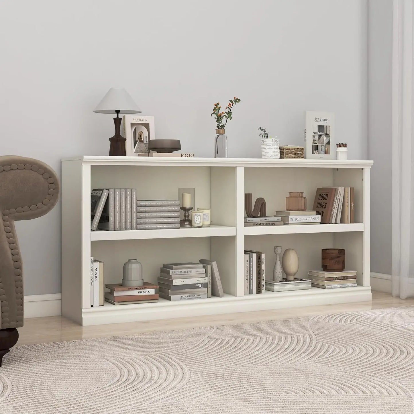 Double Wide Open Shelf Bookcase - 2 Tiers 4 Storage Cube Adjustable Space Book Case, Display Cabinet Organizer with, Customized