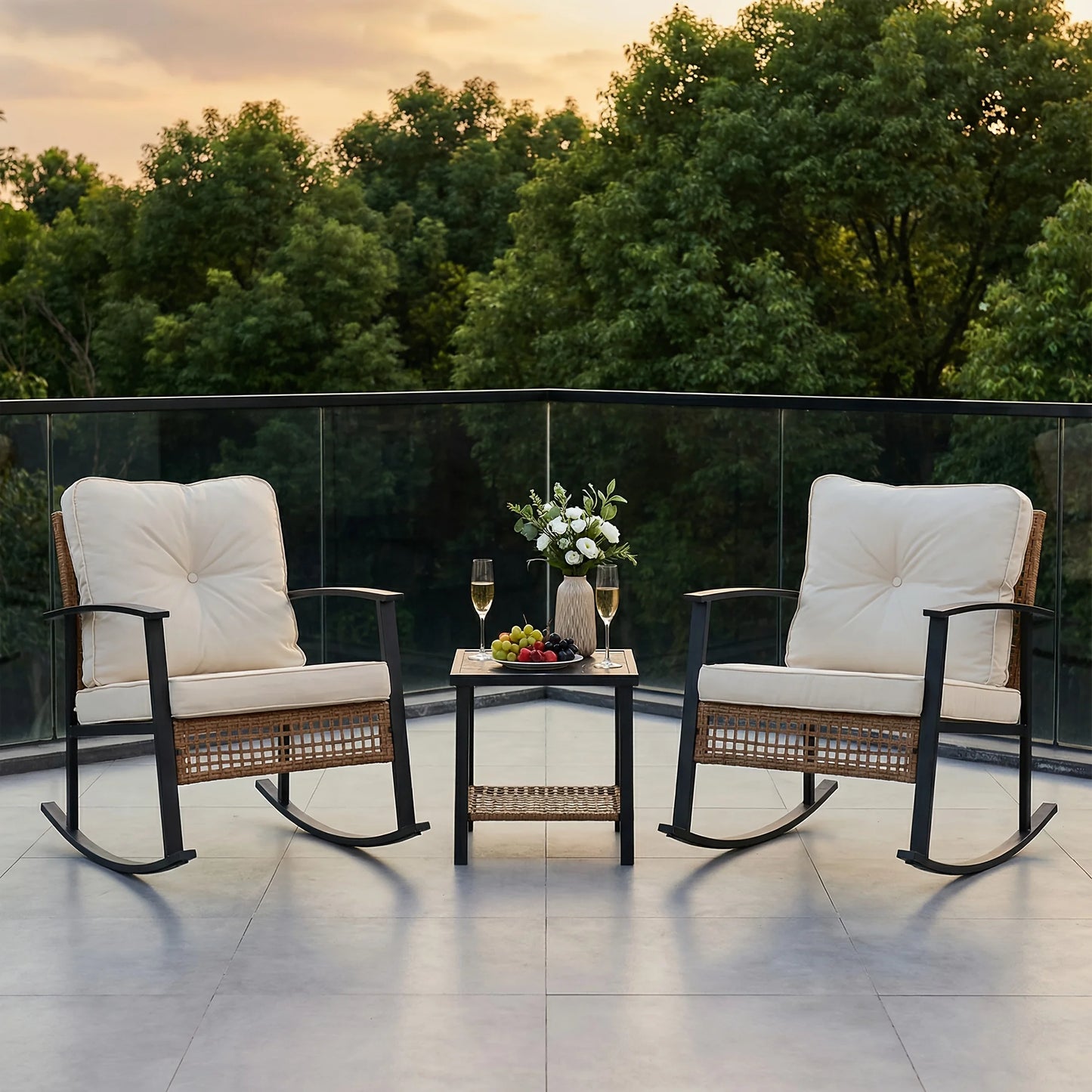 3pcs Rattan Rocking Chair Set Outdoor Patio Wicker Glider Courtyard Seating for Garden Porch Balcony Relaxation Furniture