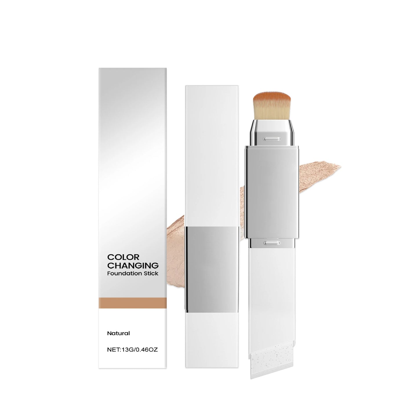 2-in-1 Color-Changing Foundation Stick Full Coverage Lightweight Moisturize Finish Base Makeup Dual-Ended with Detachable Brush