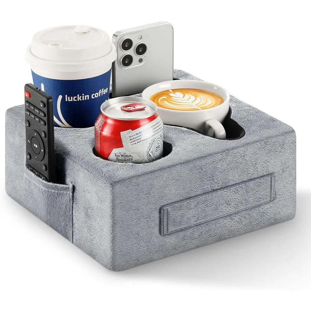 Couch Cup Holder Tray, Couch Cup Holder Pillow with 4 Holes, Side Pocket and Handle, Couch Caddy Pillow for Drinks/Remote Contro