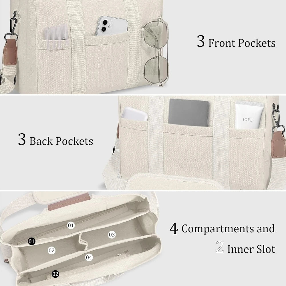 Women’s Canvas Tote Bag with Multiple Pockets, Large Capacity Shoulder Messenger Bag, Durable & Versatile for Daily - White