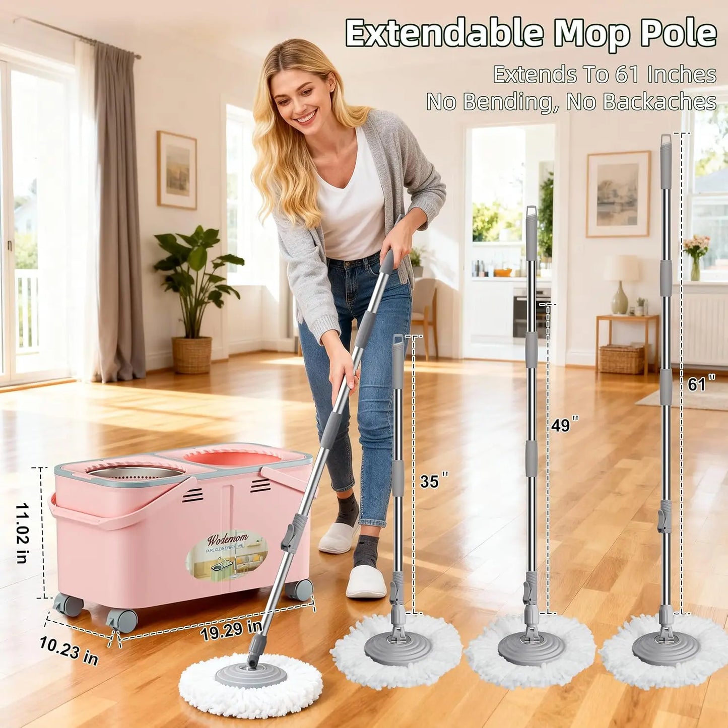 Upgraded Spin Mop Set with 4 Wheels, Separates Clean & Dirty Water, Includes 6 Washable Heads for Easy Floor Cleaning - Pink