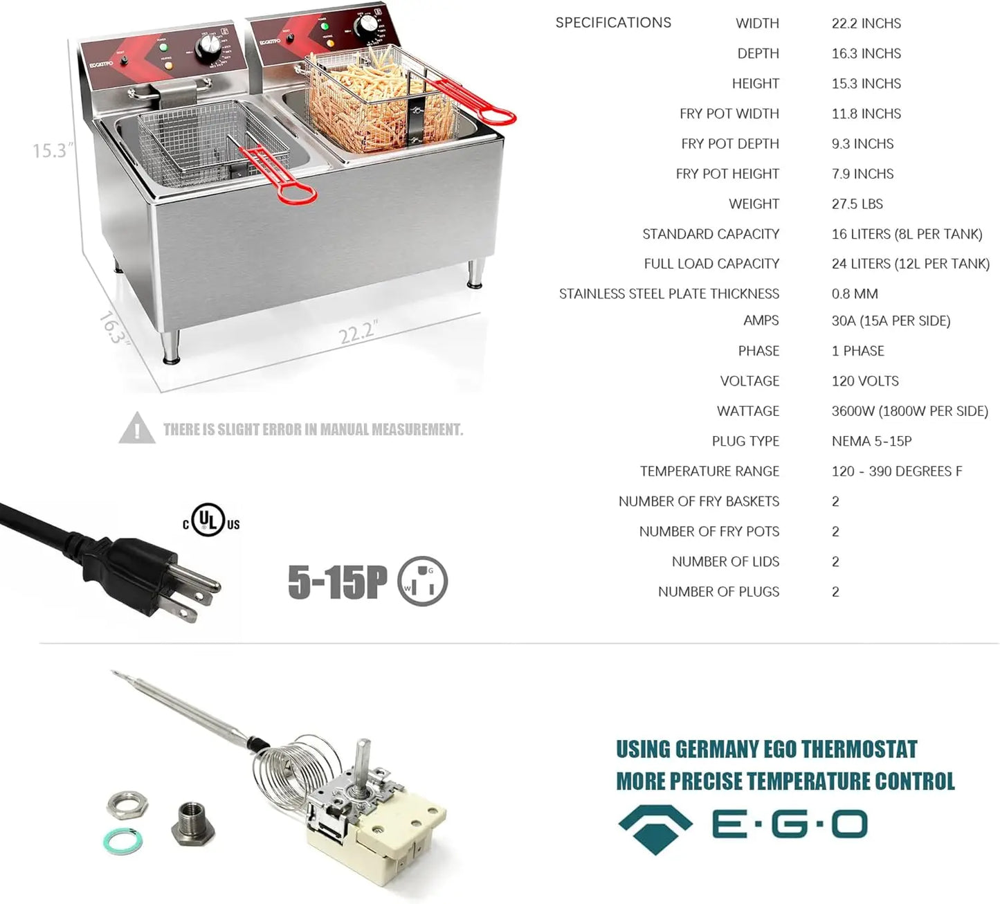 Deep fryers Commercial Deep Fryer 12L x 2 Large Dual Tank Electric Countertop Fryer for Restaurant with 2 Frying Baskets