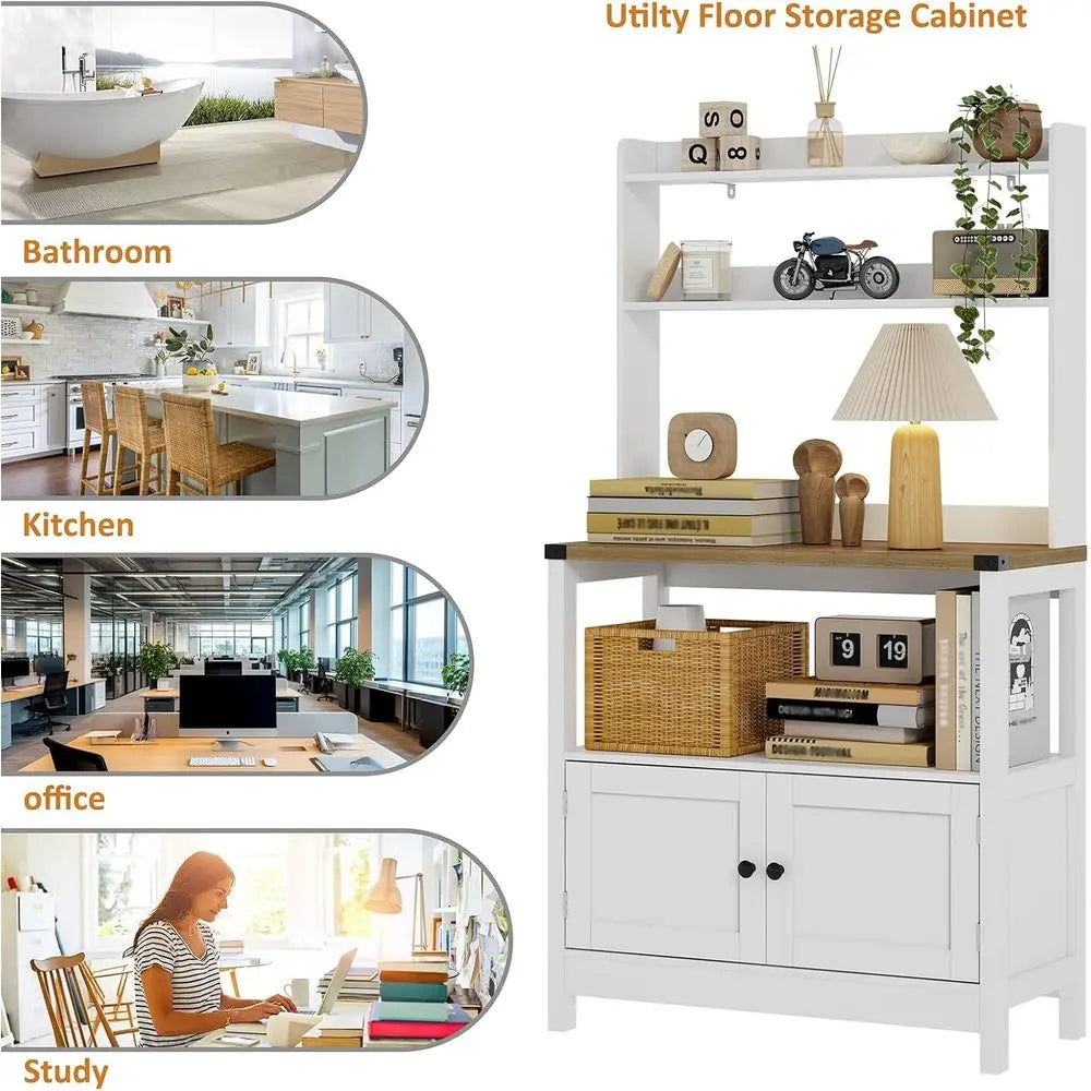 Stand Bakers Rack Cabinet, Freestanding 5-Tier Kitchen Shelves, Farmhouse Floor Hutch Door Thickened Counter,Utility S