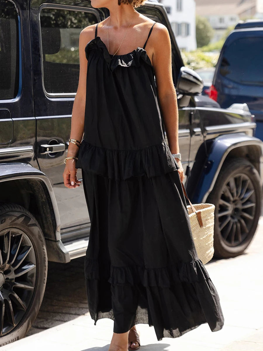 Women s Long Cami Dress Casual Loose Scoop Neck Back Tie-Up Swing Tiered Ruffled Spaghetti Strap Dress
