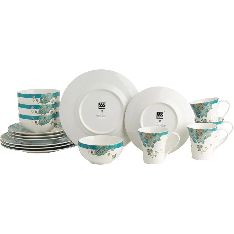 16Piece Porcelain Dinnerware Set for 4 Elegant Floral Plates and Bowls SetsWhite Teal Gold Ceramic Dishes Chip Resistant Kitche