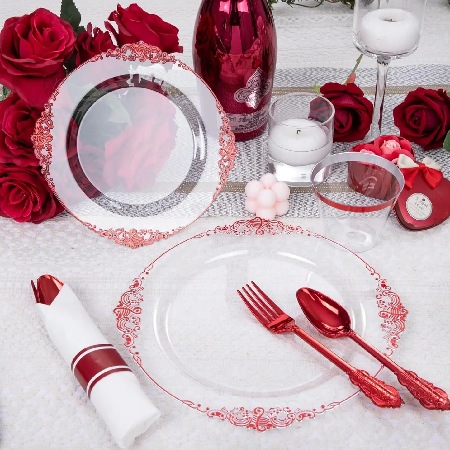 350pcs Clear and Red Plates - Red Party Plates for 50 Guest, Include 100 Heavy-duty Plates(20% Thicker Than Standard), 50 Pre Ro