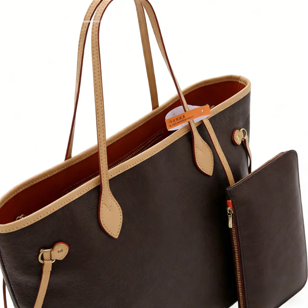 Women's Large Capacity Tote Bag - Brown Pu Leather Shoulder Bag Fashionable Casual Daily Commuter Handbag with Adjustable Strap