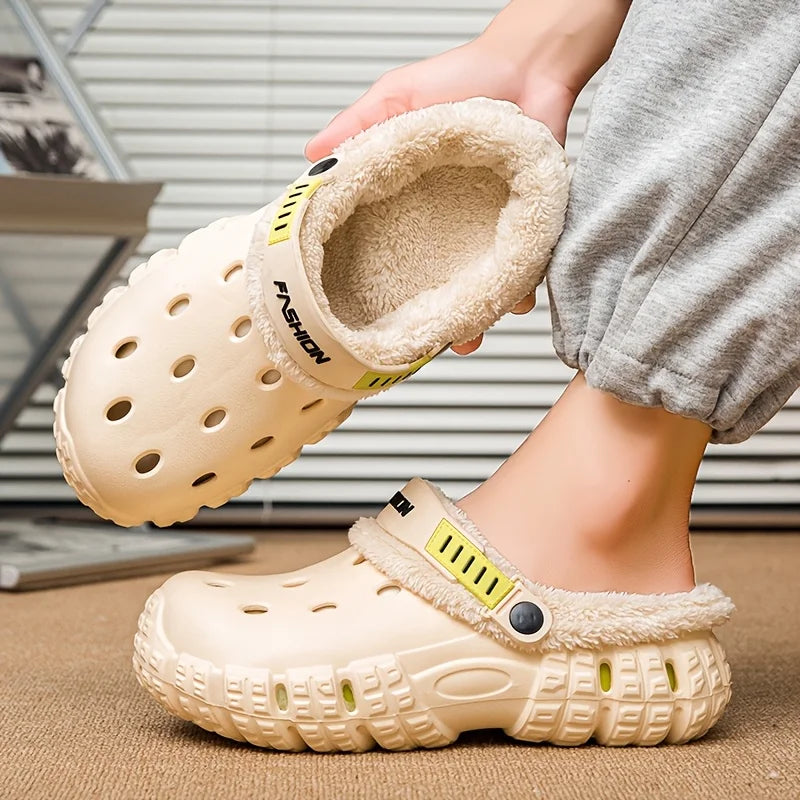 Unisex lined hole shoes, winter removable thick sole slippers with warm lining for outdoor use, thick and warm cold-proof