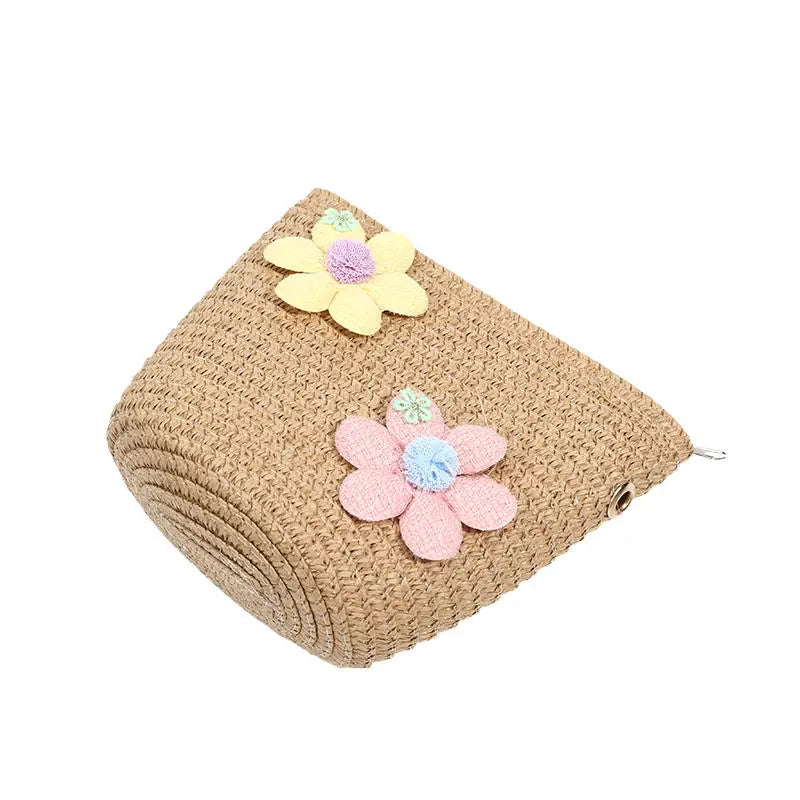 Girl Zipper Flower Straw Bag Cute Photo Props Handmade Woven Kid Messenger Bags Storage Basket Coin Purse Crossbody Handbag