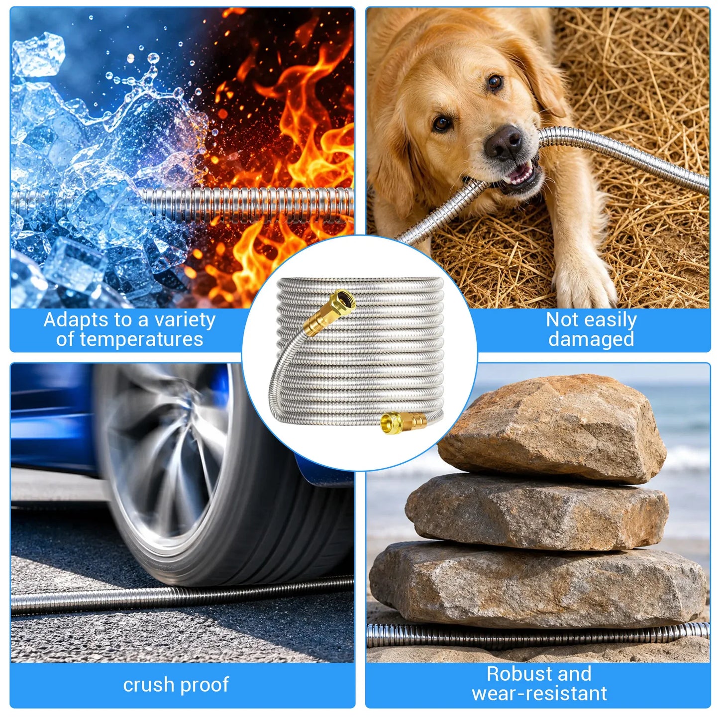 Heavy Duty Stainless Steel Garden Hose – Flexible Metal Water Hose – Kink Proof & Anti-Kink – Adjustable Brass Nozzle, Perfect for Lawn, Car Wash, Outdoor Irrigation, 25FT,50FT,75FT,100FT