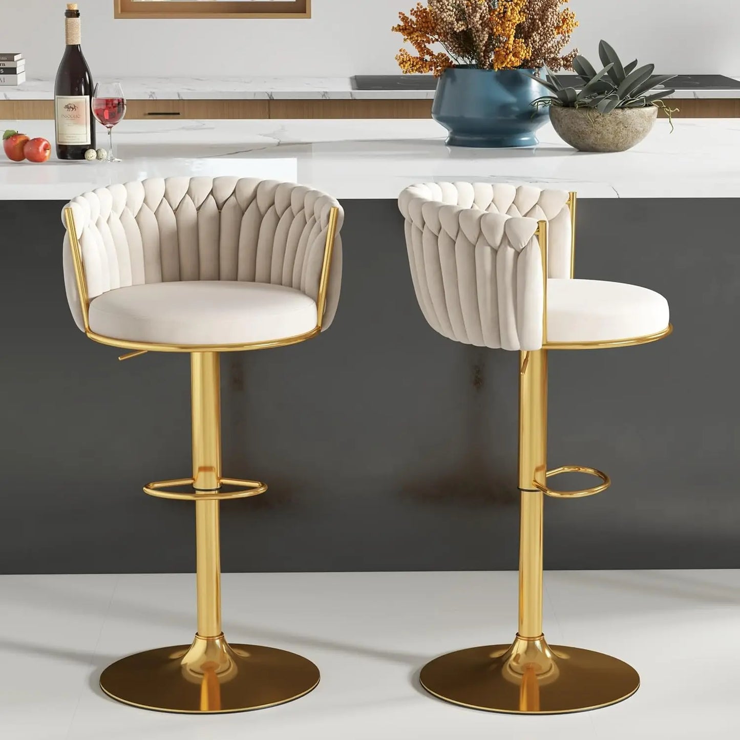 Gold Bar Stools Set of 2, Velvet Hand-Woven Barstools, Seat Height 27″ Counter Stools with Upholstered Backrest, Modern Luxuriou