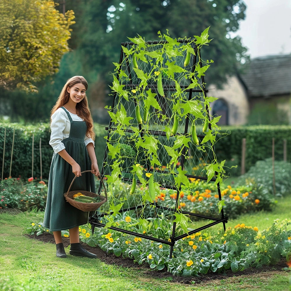 A-Shaped Metal Garden Trellis Climbing Plants Arch Outdoor Vine Plants Support with Netting