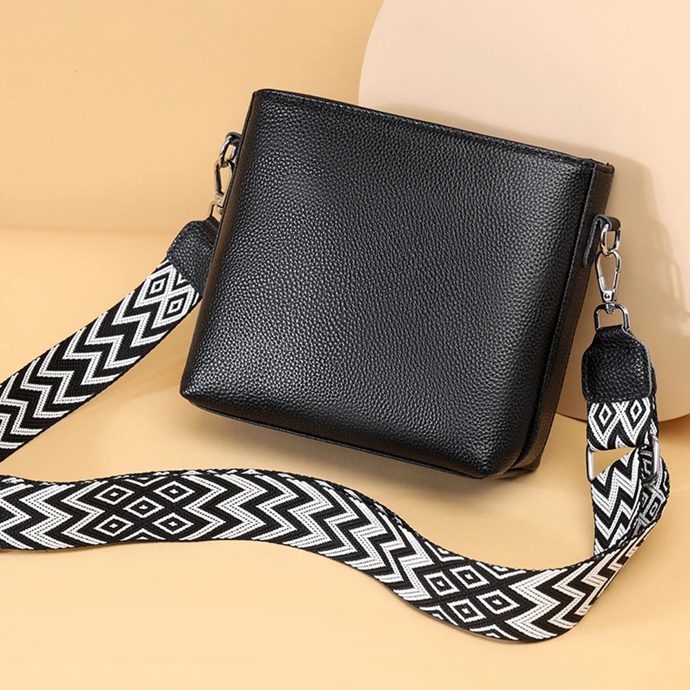 Genuine Leather Shoulder Bag Soft Trendy Crossbody Bag with Guitar Strap Vintage Bucket Bag Satchel Purse for Women