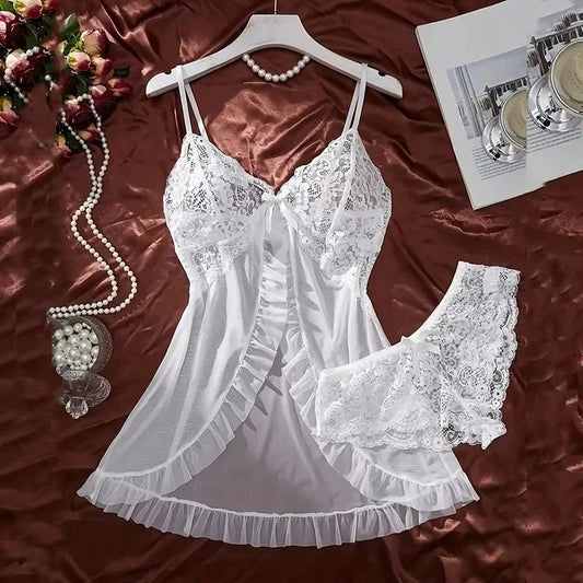 A Set of Tulle Super Sexy Nightgown V-neck Bra Open Nightdress Dress Dress Woman Transparent Pajamas Underwear Luxury Suit