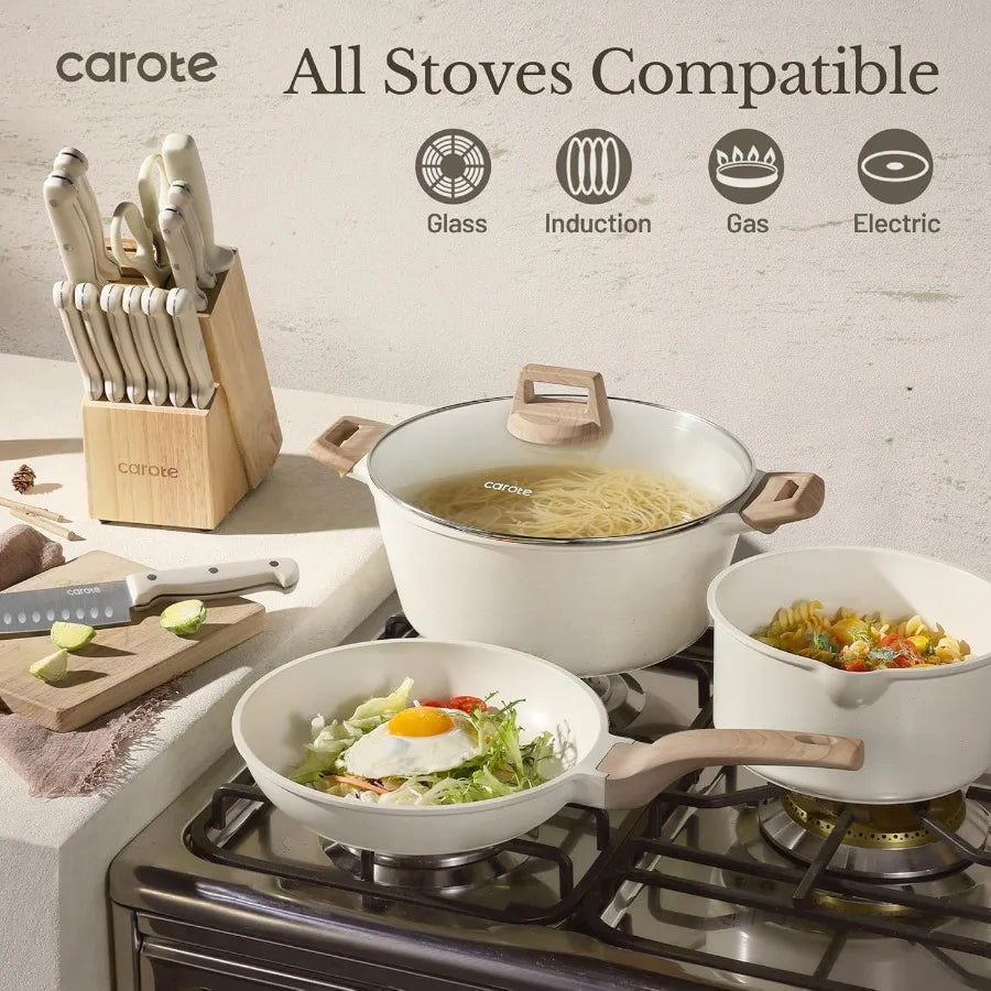 ICE 35pcs Pots and Pans Set Nonstick Cookware Sets White Granite Induction Cookware with Kitchen Knife Set