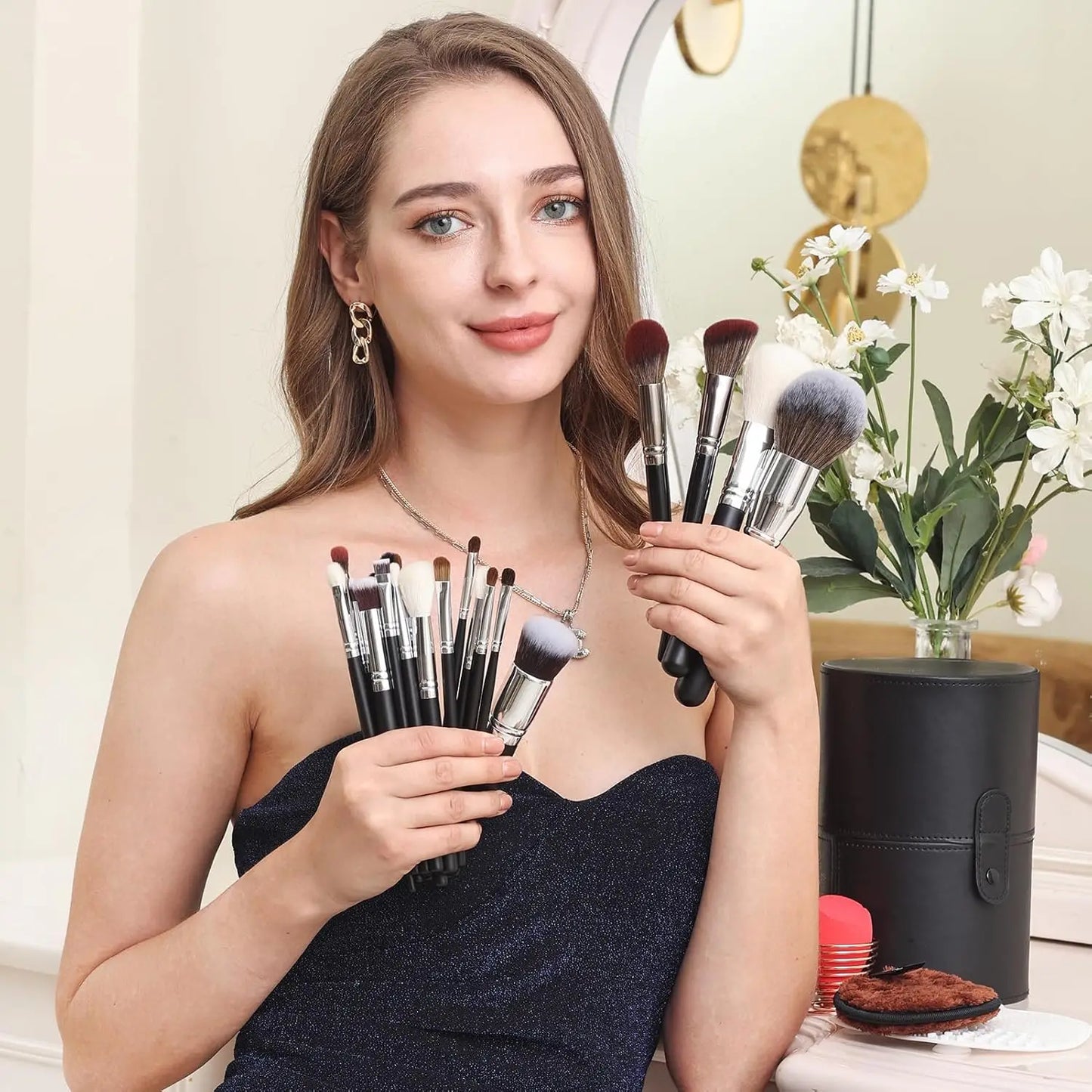 34Pcs Deluxe Real Goat Hair Makeup Brushes Set with Large Holder, Professional Labeled Natural Pony Hair