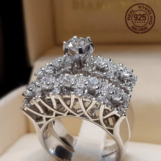 Luxury Plated Hollow Design Sparkling Zircon Women's 925 Sterling Silver Wedding Banquet Ring Set Fine Jewelry