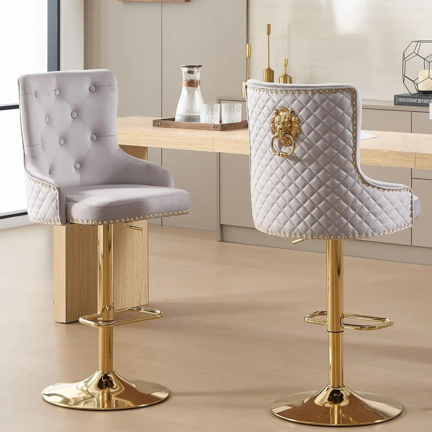 Gold Bar Stools Set of 4, Height Adjustable Velvet Island Chairs Upholstered Bar Height Chairs for Kitchen Counter, Cream