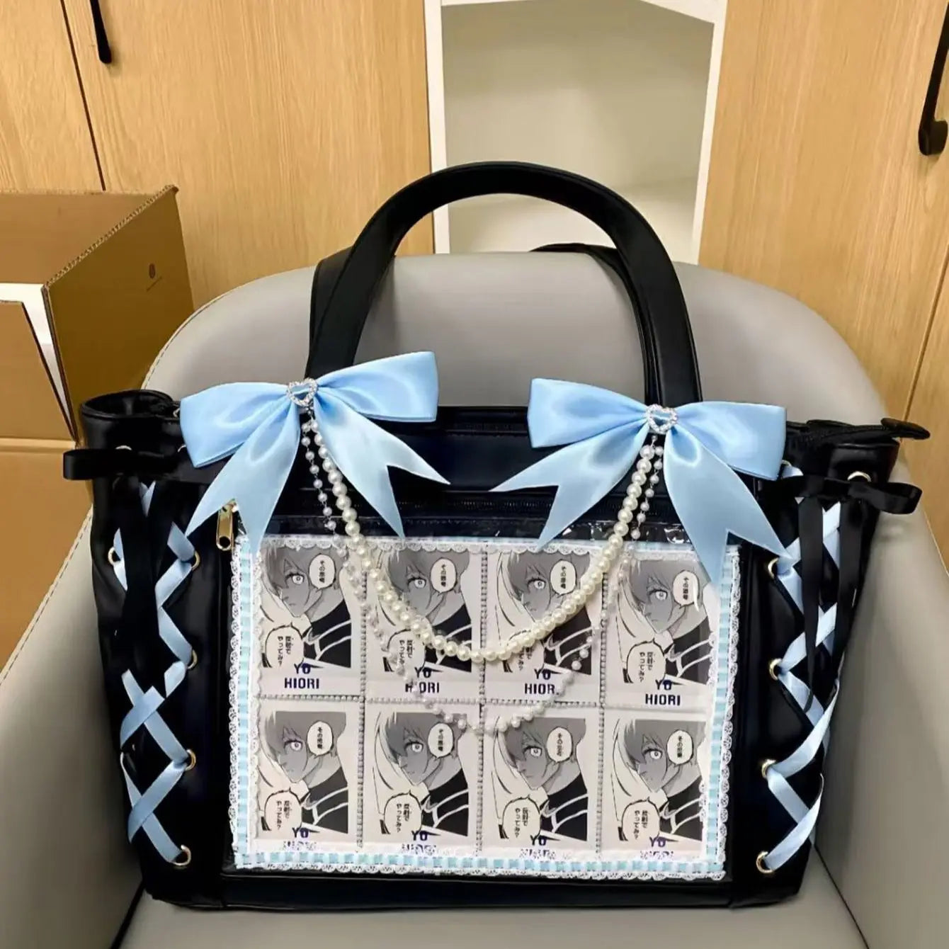 New Japanese Sweet Girl Ulzzang Ita Bag Ribbon Cute Handbag for Women Large Capacity Transparent DIY Badge One-shoulder Tote Bag