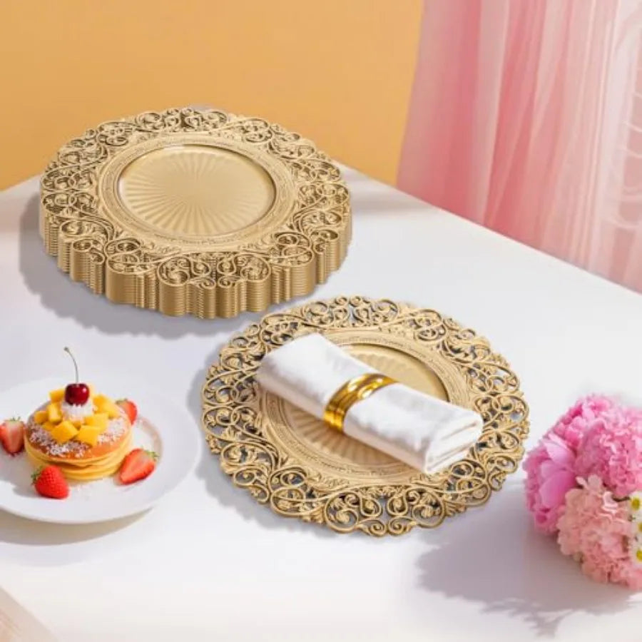 Foraineam Gold Charger Plates Set of 12 13" Round Plastic Dinner Chargers Decorative Hollowed Out Flowers Serving Plates for Ta