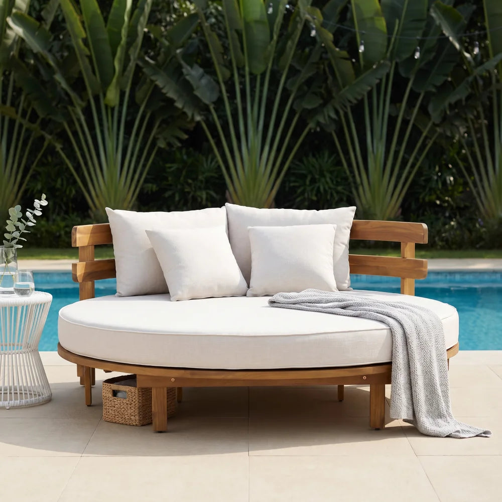 Outdoor Acacia Wood Round Daybed, Patio Lounger with Curved Slatted Backrest, Cushion and 4 Pillows for Backyard, Poolside