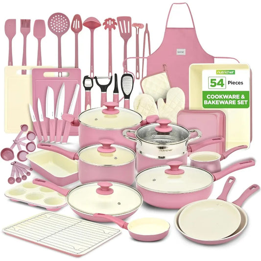 54Piece Kitchen Cookware Set Complete NonStick Ceramic Pots and Pans Set with Utensils Bakeware and Knife Set Gas Electric Indu