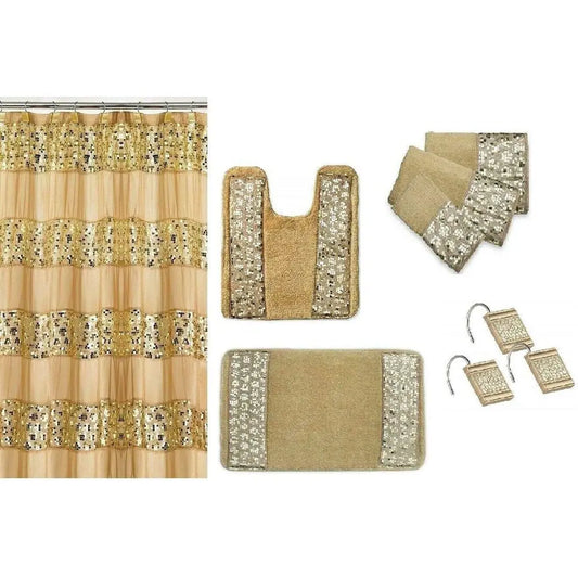 Sinatra Sequins Shower Curtain, Resin Hooks, Towels and Rugs Set, Champagne Gold