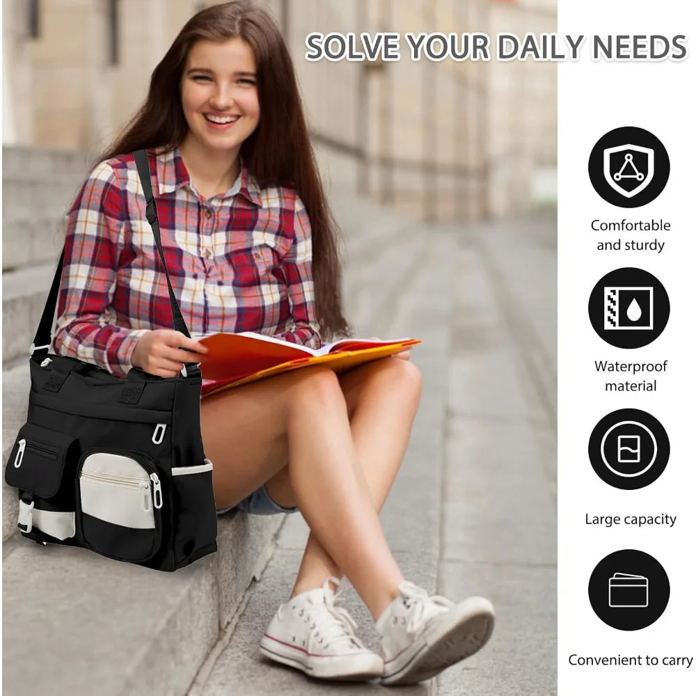 Nylon Messenger Bag Cute Shoulder Tote Bag with Multiple Pockets Large Capacity Messenger Bag for Teens Waterproof