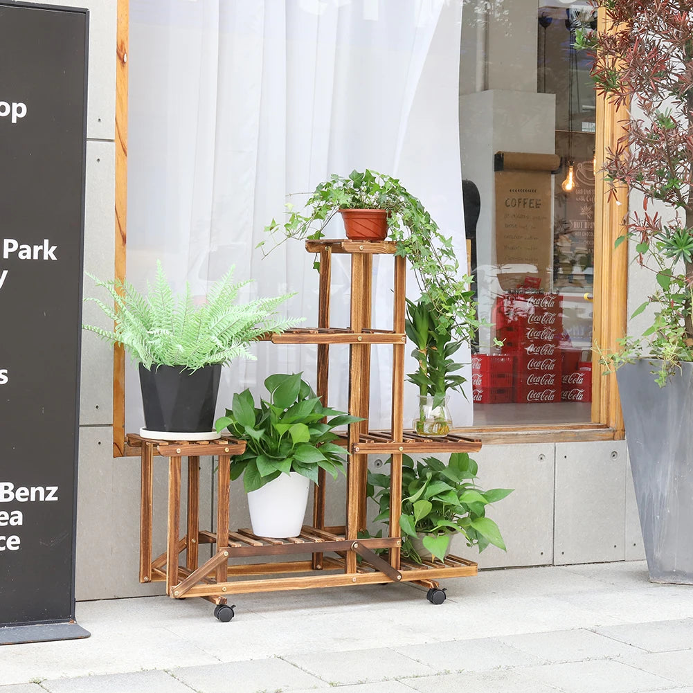 Multi-Layer Wood Plant Stand Rack Outdoor Indoor Rolling Flower Pot Holder with Wheels
