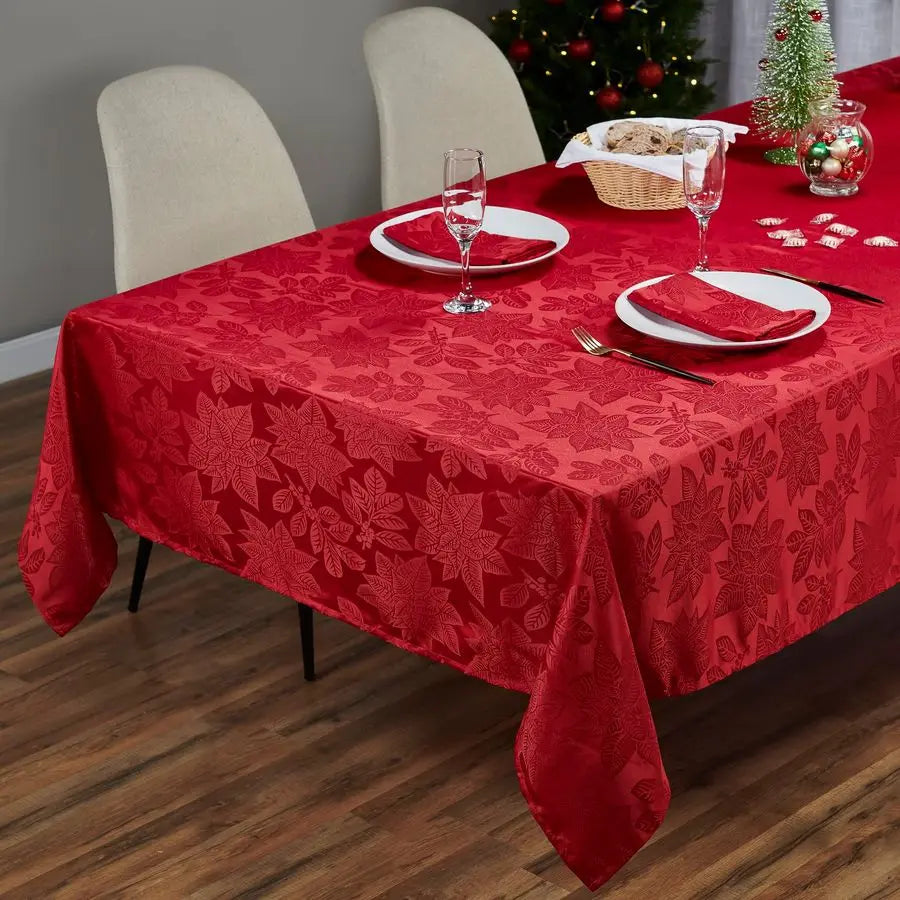 Christmas Tablecloth, Poinsettia Leaf Red Tablecloth 70 x 120 Inch for 8 Foot Rectangle Tables, Heavy Duty Fabric, Table Cloth f