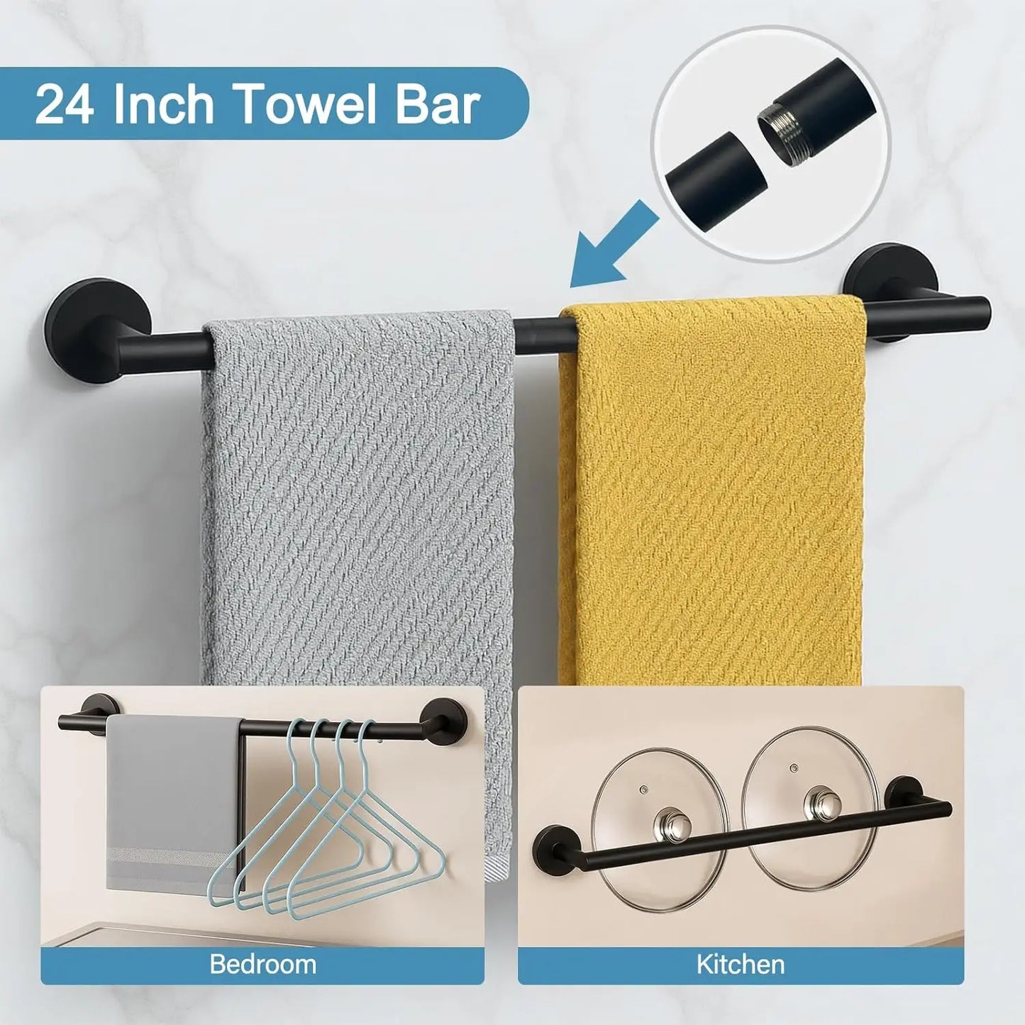 Matte Black 24in Bathroom Hardware Set, Stainless Steel Towel Bar with Ring and Hooks, Wall Mounted Toilet Paper Holder for