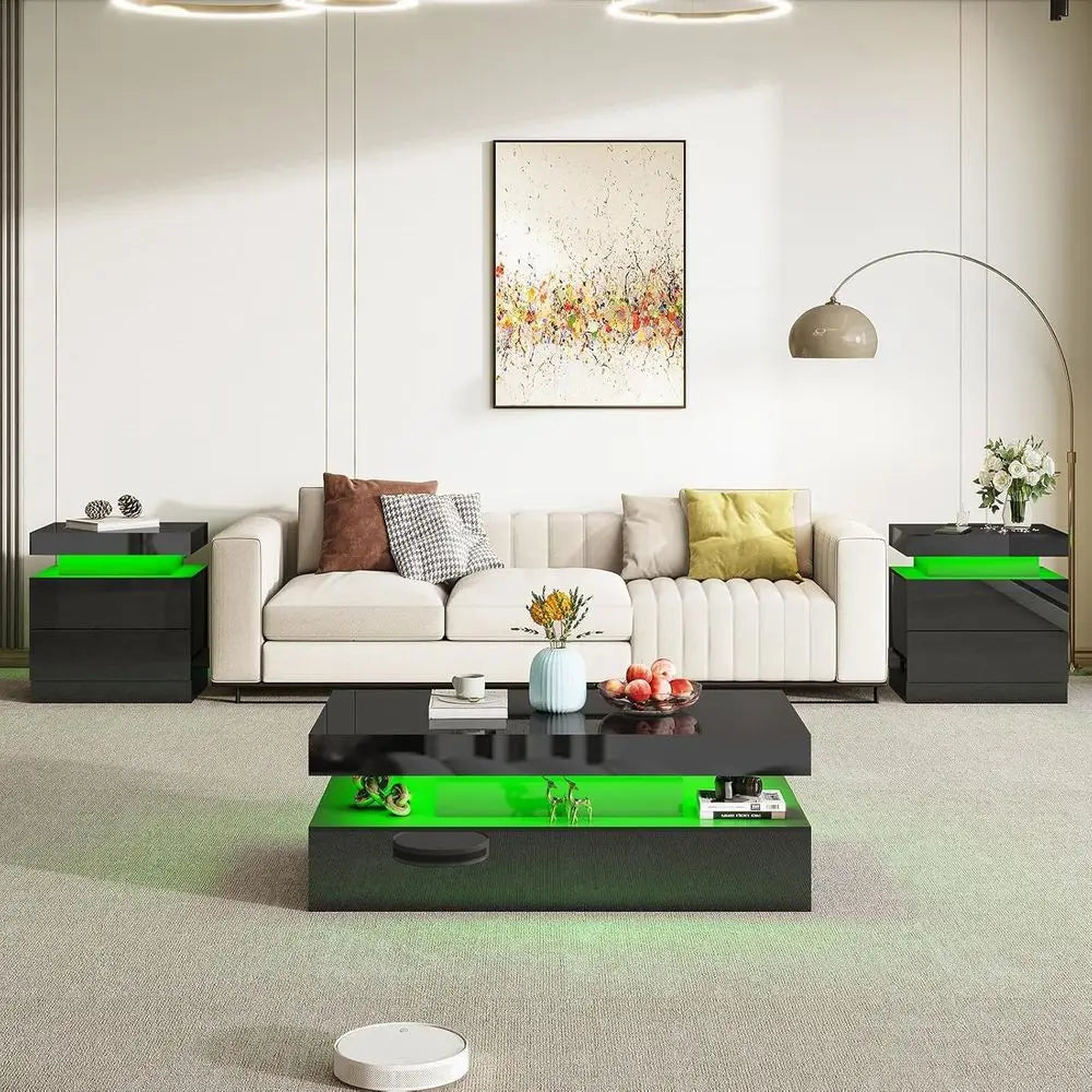 Modern 3-Piece Glossy Living Room Table Set: LED Coffee Table & 2 Charging Nightstands, Black