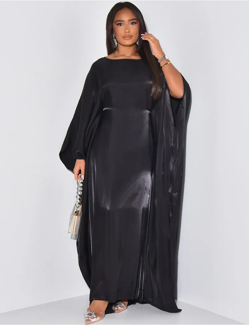 BWQ Women Loose O-neck Full Batwing Sleeve Long Maxi Dress Summer Satin Vintage Africa Streetwear Vestido Evening Dresses